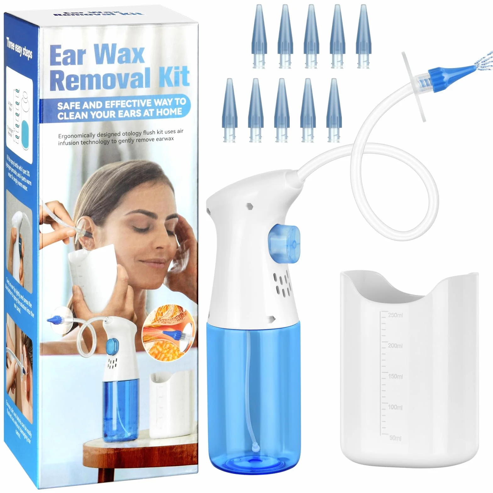 Pulitore Orecchie, Kit Pulizia Orecchie con 11 Ugello, Bacino Idrico, Pulitore per le Orecchie Sicuro ed Efficace, Sistema di Irrigazione Auricolare per Adulti e Bambini(Manuale)