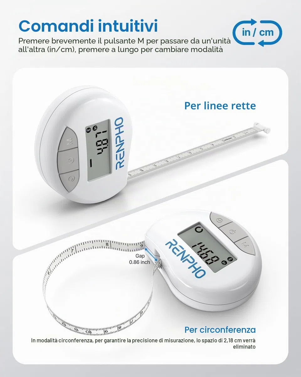 RENPHO Metro a Nastro Smart per Misurazione del Corpo con App Tramite Bluetooth, per Misurare Varie Circonferenze del Corpo, Aumento Muscolare, Risultati di Fitness e Bodybuilding, in Pollici e CM