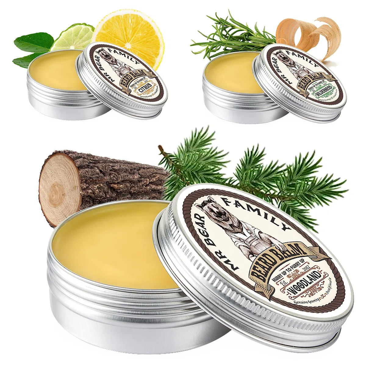 Mr Bear Family Balsamo barba uomo - Woodland- Balsamo per barba nutriente - Balsamo crescita barba con burro di karité, olio di jojoba e cera d'api - Cera per baffi Modellante - Beard Balm 60ml
