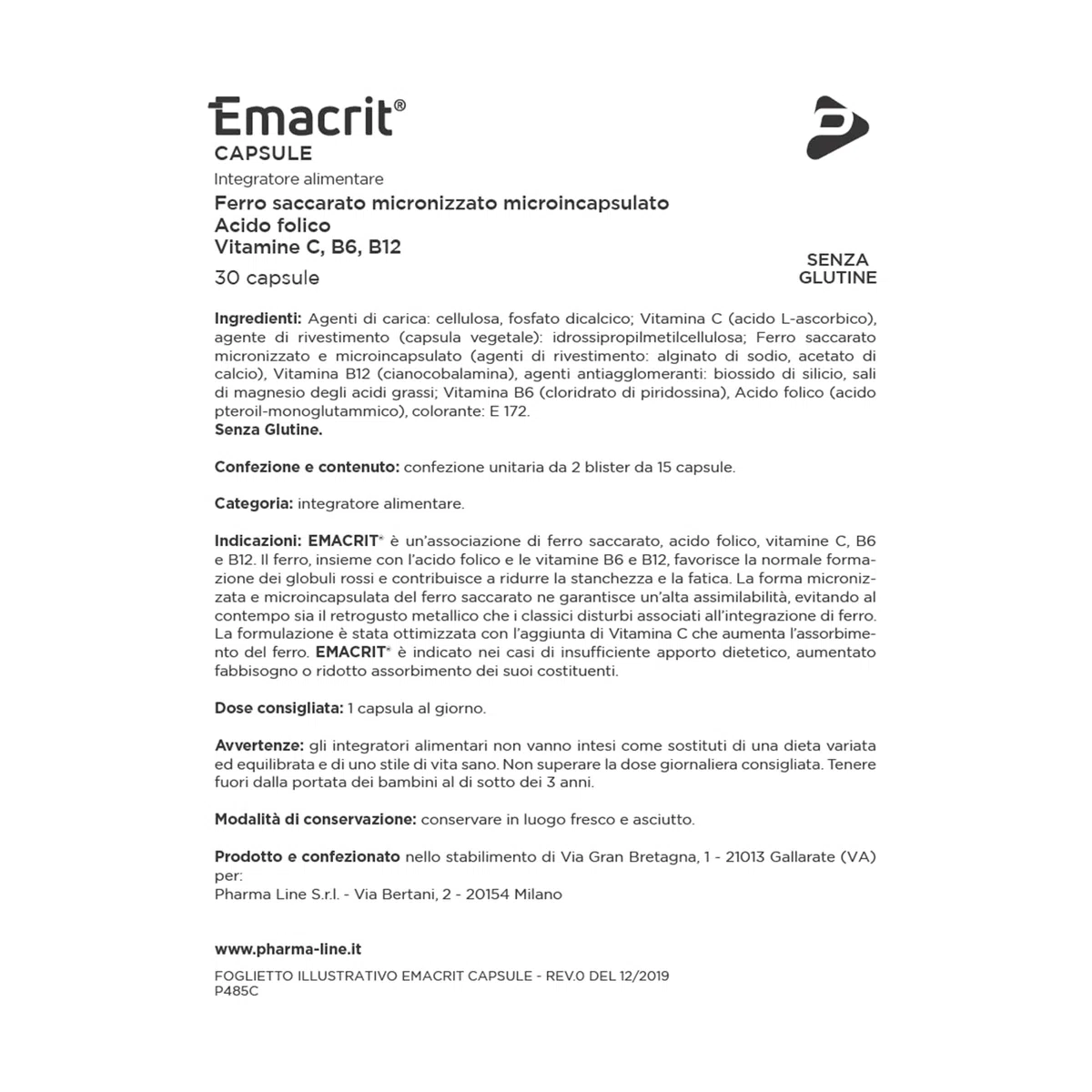Pharma Line EMACRIT Capsule – Integratore Alimentare di Ferro con Acido Folico, Vitamine C, B6 e B12 ad Alta Assimilabilità, 30 Capsule