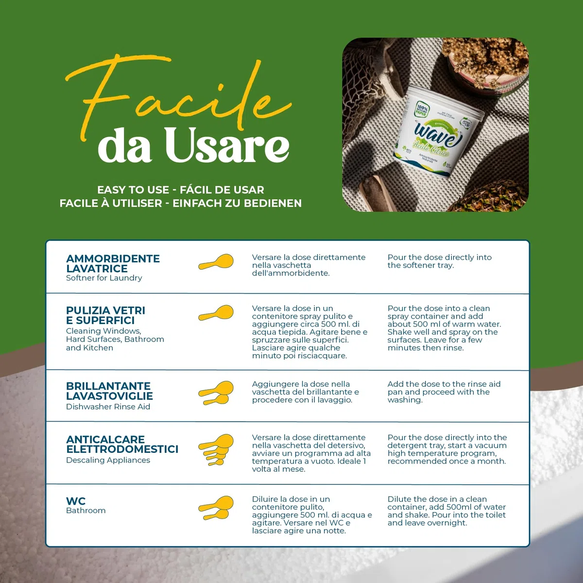 Wave Washing Acido Citrico - Ammorbidente Lavatrice & Decalcificante Macchina Caffè Naturale - Anticalcare e Brillantante Multiuso - 100% PLASTIC FREE - 1 kg - 75 lavaggi o 50 decalcificazioni