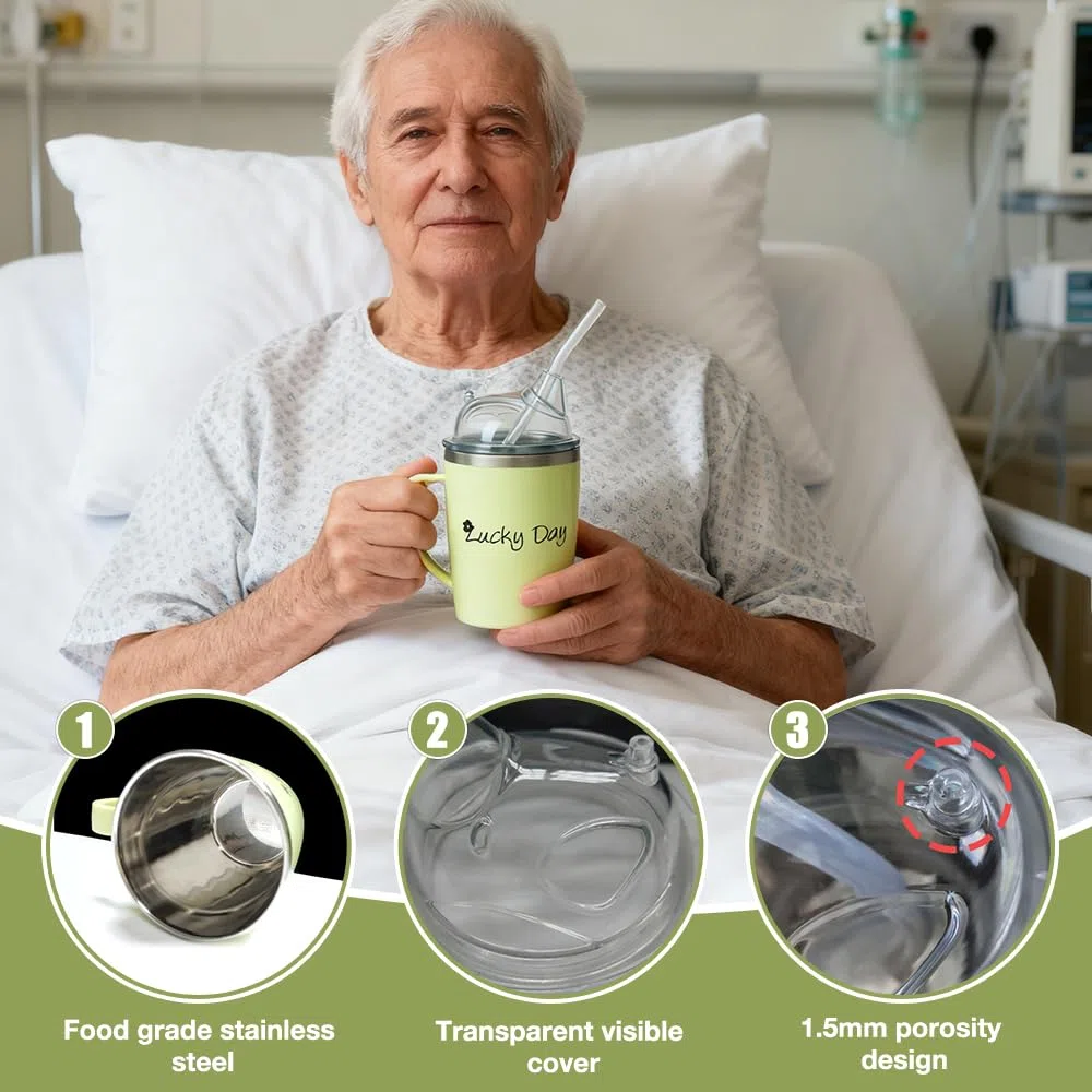 350ml Tazza con Beccuccio per anziano, 3-in-1 Acciaio Inox Bicchieri A Prova Di Fuoriuscite, Bicchiere Per Alimentazione per anziano, Per Pazienti, Maternità, Disabili