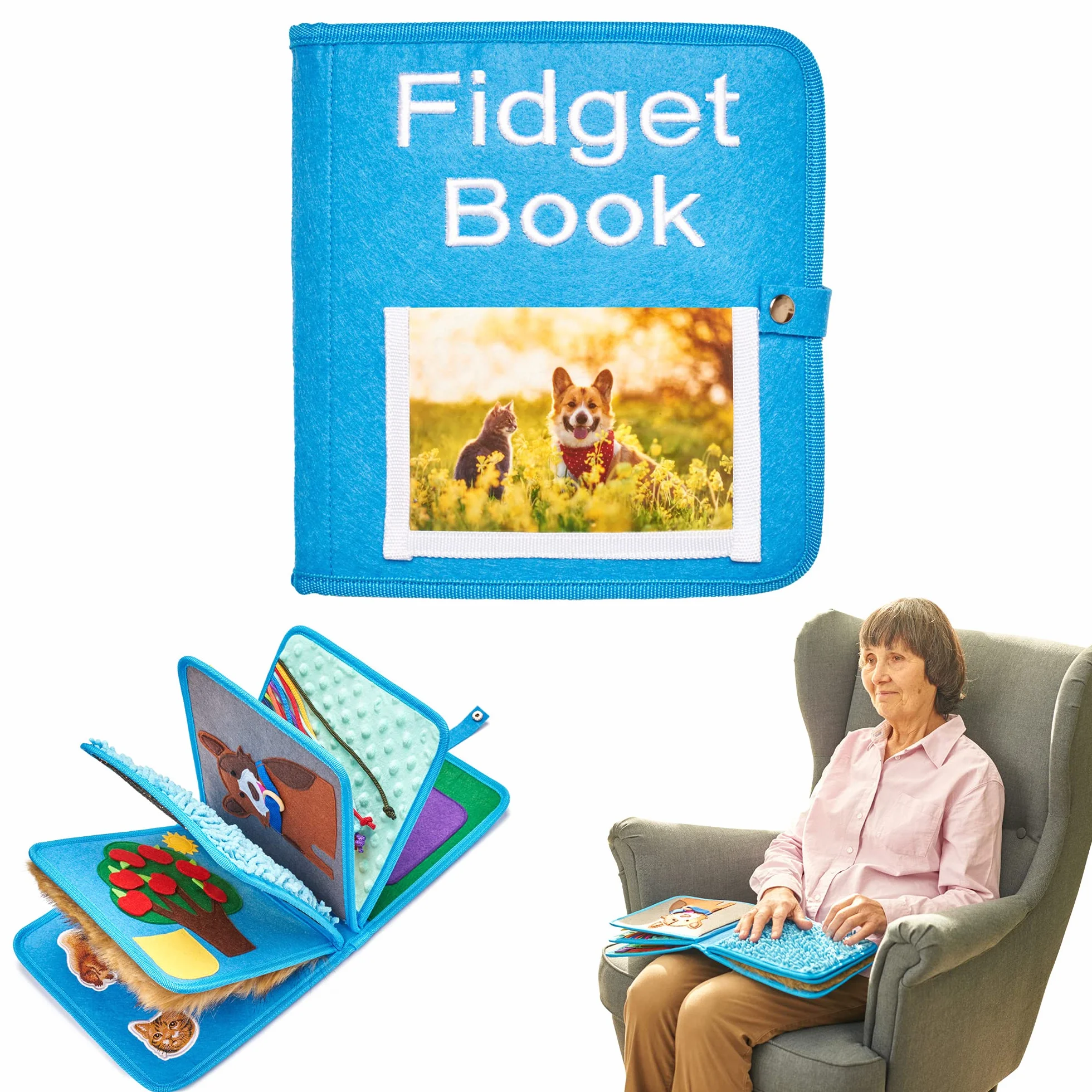 Libro Sensoriale Per Demenza Senile | Coperta Sensoriale Per Demenza Senil | Prodotti Demenza Senile Per Anziani | Fidget Book | Ideale Per Alzheimer, Demenza, Asperger, Autismo, Ansia (Blue)