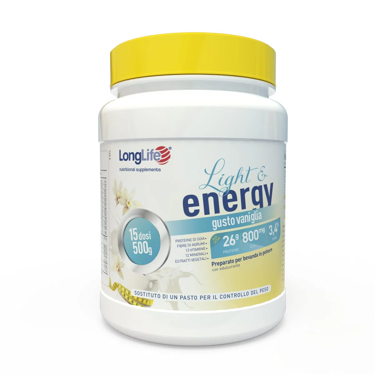 LongLife® Light & Energy Vaniglia | Sostituto pasto | Ricco di proteine, carboidrati, fibre, vitamine e minerali | Mantenimento muscolare | Gusto vaniglia | Vegetariano e senza glutine