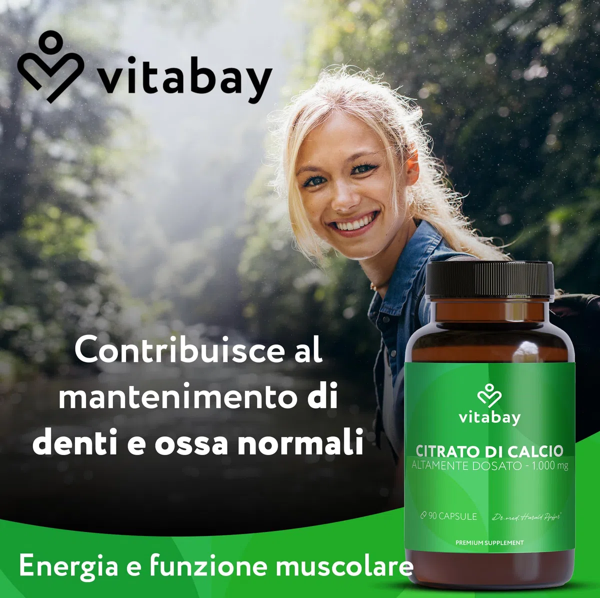 Vitabay Calcio 1000 mg - 90 capsule vegane con citrato di calcio - calcio per metabolismo energetico, ossa e denti - testato in laboratorio in Germania - senza additivi - 1 mese