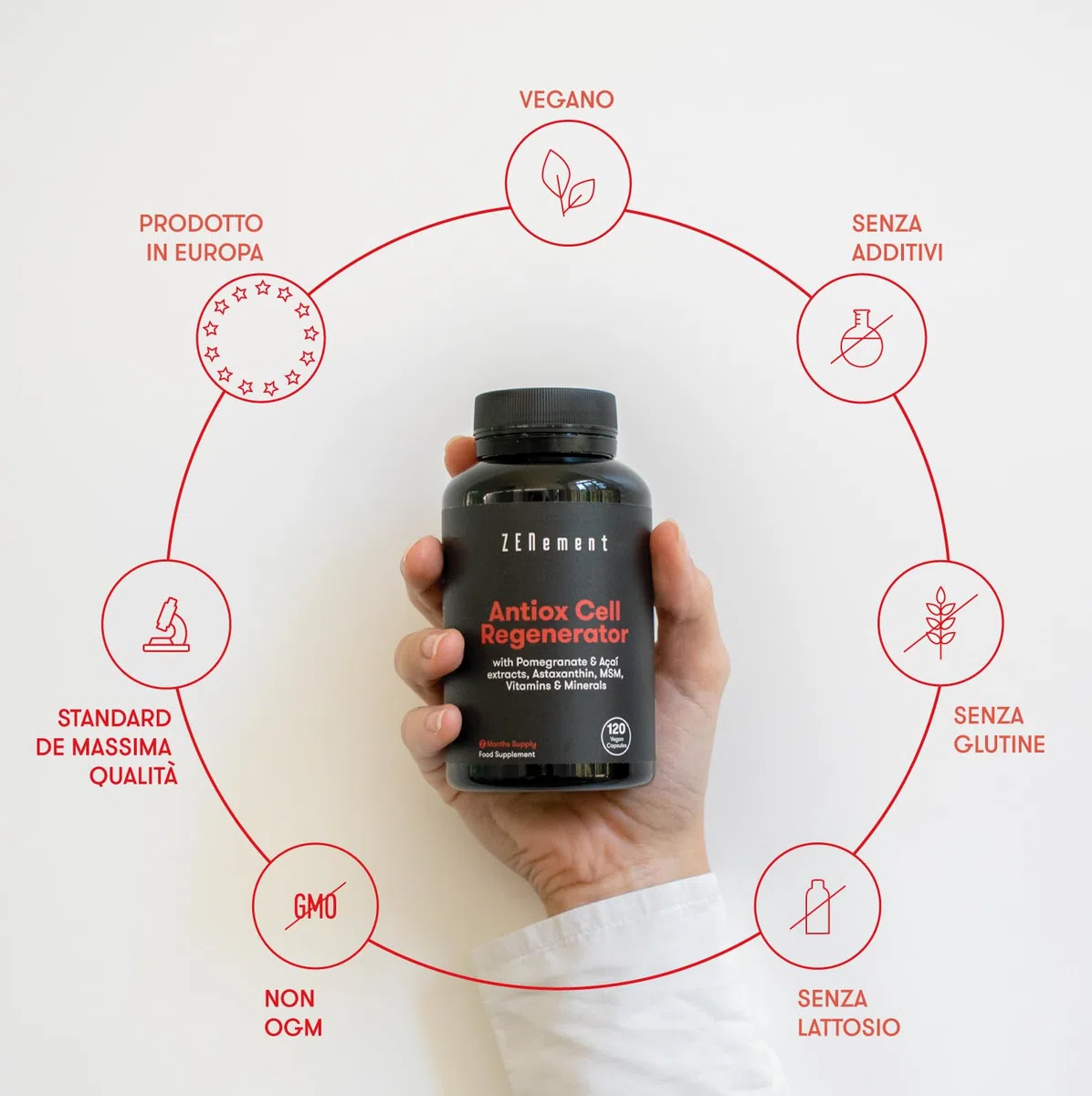 Antiossidante Rigeneratore Cellulare, Anti-invecchiamento, con melograno, Açaí, Astaxantina, MSM, Vitamine C ed E e Minerali (zinco, selenio e rame), 120 capsule | Zenement