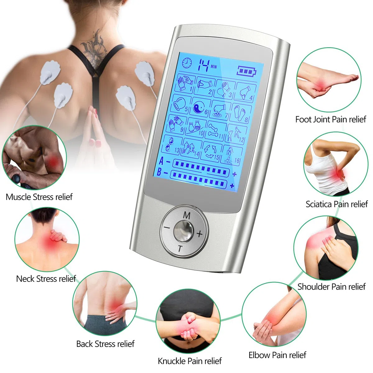 JUMPER TENS Professionale Elettrostimolatore Muscolare, Dispositivo di Terapia Ricaricabile, 16 Modalità di Dolore, 20 Livelli di Intensità per 2 Utenti, TENS per la Riduzione del Dolore (argento)