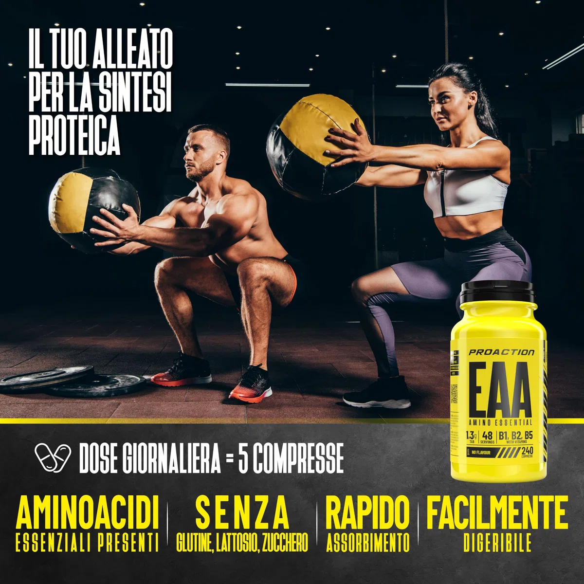 ProAction Aminoacidi Essenziali | EAA Aminoacidi Essenziali in Compresse | Recupero Muscolare, Crescita & Energia | Con BCAA e Vitamine B1, B2, B5 | Senza Zuccheri, Glutine e Lattosio | 240 Compresse