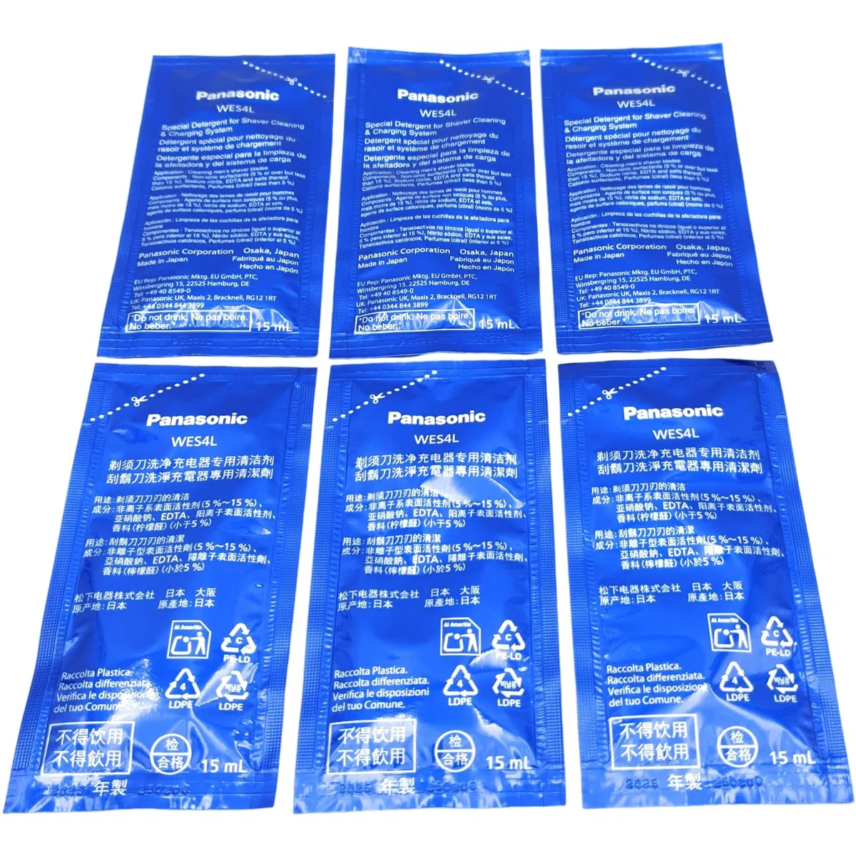 Detergente concentrato compatibile con Panasonic Clean and Charge Station WES4L03-803, set da 2 (6 x 15 ml) sacchetti concentrati ES-LS9A ES-LV9Q ES-LV9N ES-LV97 ES-LV95