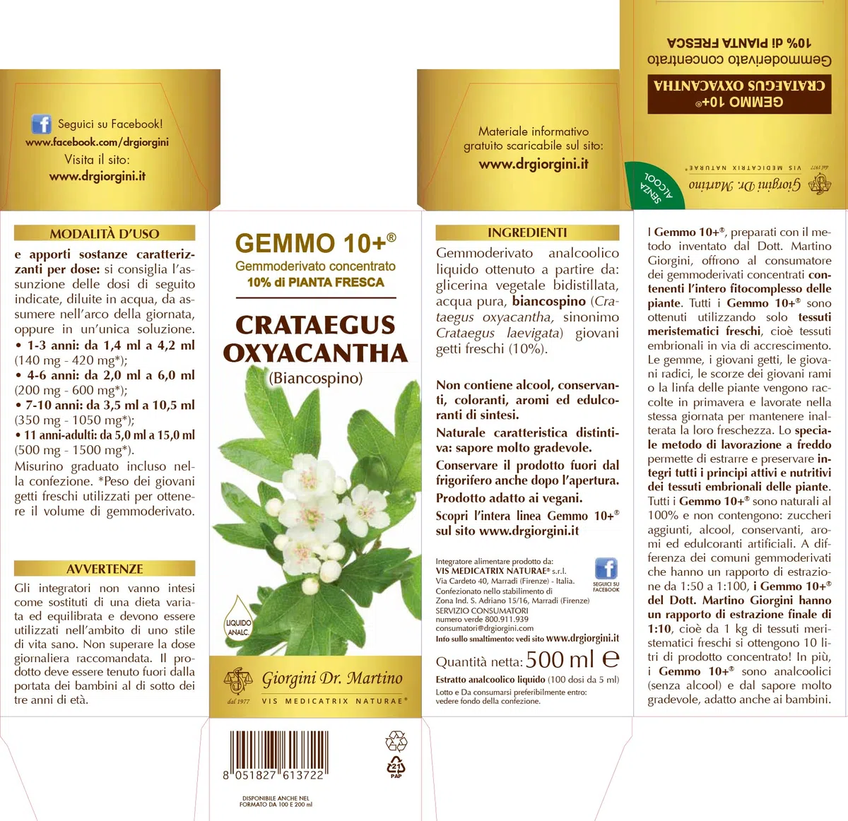 Dr Giorgini GEMMO 10+ BIANCOSPINO Gemmoderivato Concentrato Liquido Analcoolico - 500 ml