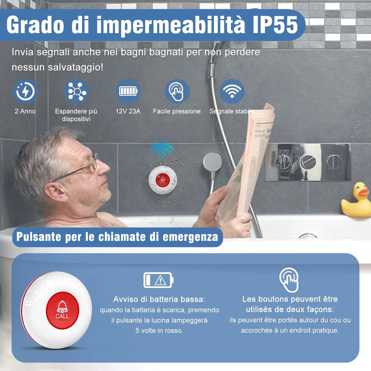 Chunhee Salvavita Anziani Wireless con Pulsante SOS - Campanello per Anziani & Cercapersone 150m, 4 Livelli Volume, Allarme Sicurezza per Casa/Case di Riposo (Pulsante Salvavita Anziani Integrato)