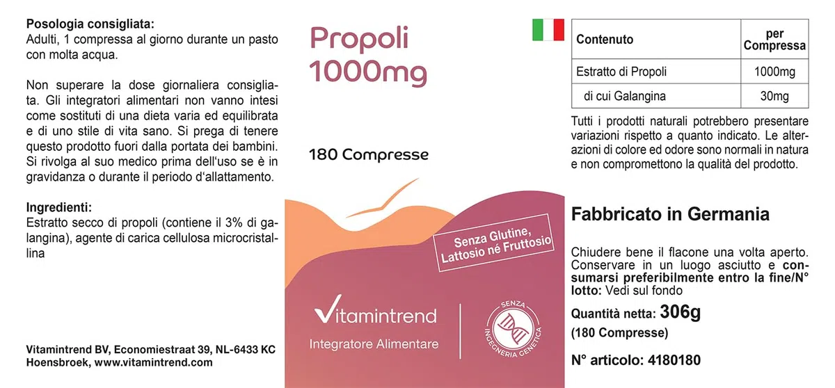Vitamintrend Estratto di propoli 1000 mg, 180 compresse, ad alto dosaggio, integratore alimentare senza magnesio stearato, prodotto in Germania