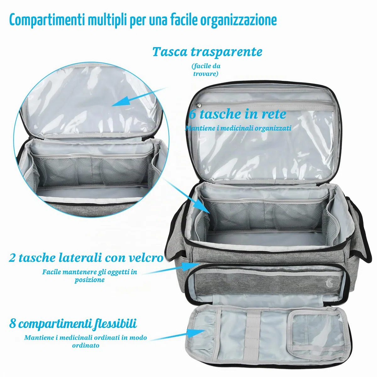 Borsa Medica Vuota, Kit di Pronto Soccorso Portatile Impermeabile, Kit Farmaci per Casa, Ufficio, Esterno, Grigio