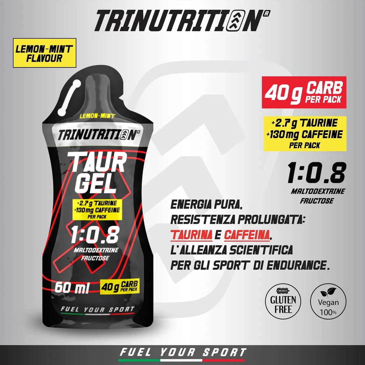 TAUR GEL, Gel Energetico con Taurina e Caffeina, 10 x 60ml, 40g di Carboidrati, Rapporto 1:0,8 Maltodestrine e Fruttosio, Gusto Limone e Menta, Gel per Ciclismo Corsa, Senza Glutine