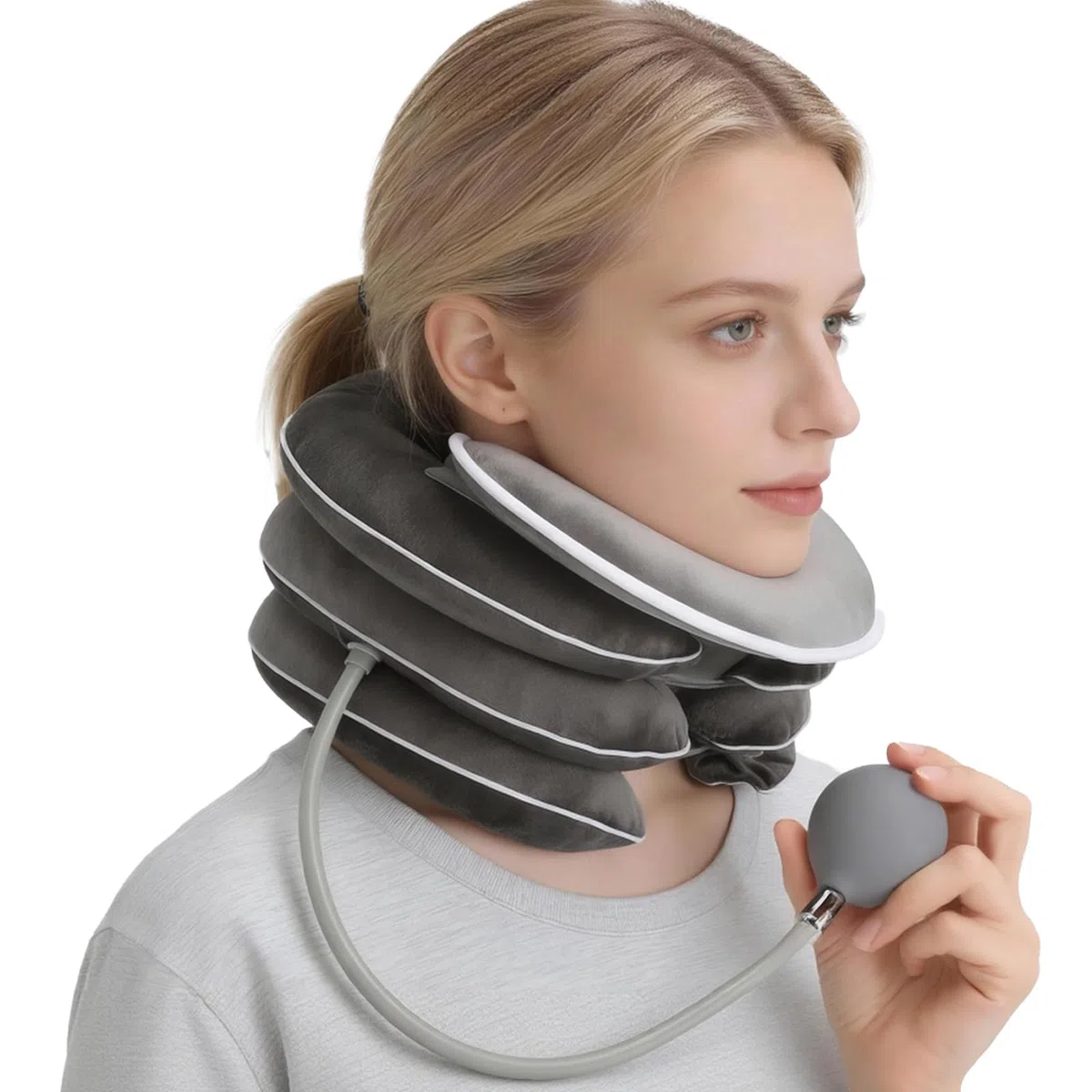 Gonfiabile per la trazione cervicale con design di allungamento a 3 strati e supporto per il mento, Estensore per il Collo Regolabile per Alleviare il Dolore