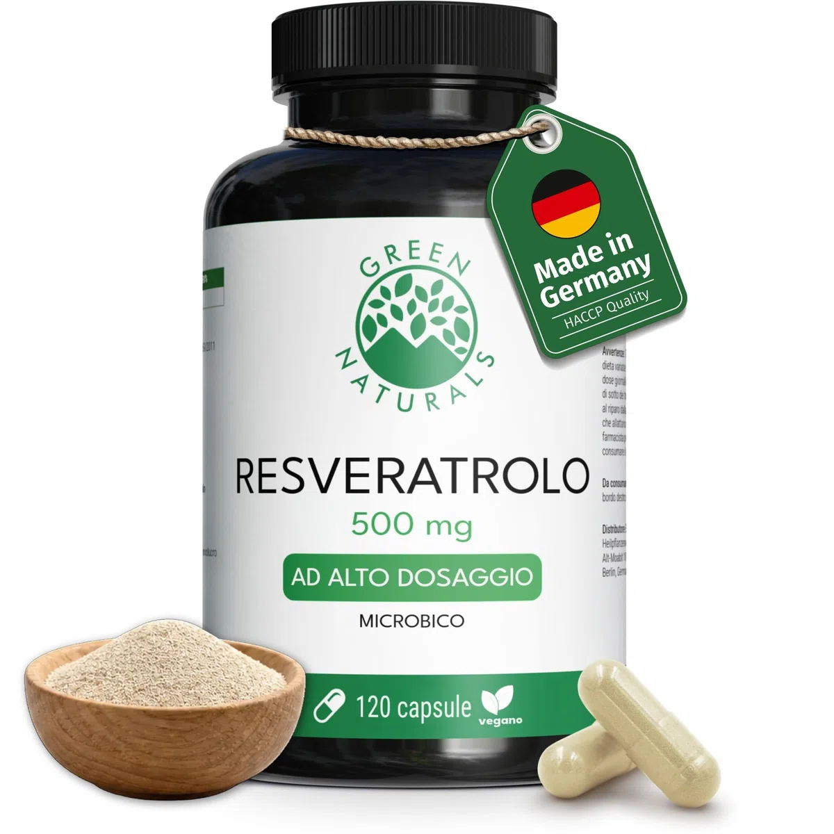 Trans Resveratrolo 500 mg - 120 capsule - Purezza: >98% Trans-Resveratrolo - Prodotto in Germania - 100% vegano e senza additivi - Scorta per 4 mesi - Green Naturals®