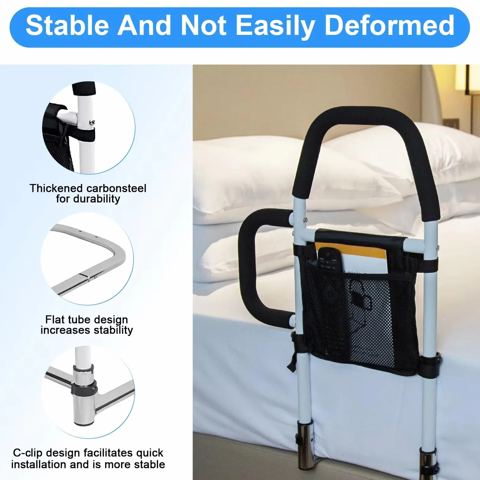NEWFUN Sponda Letto Anziani, Sbarre Per Letto Anziani, Sponde Per Letto Anziani, Sbarra Letto Anziani, Con Corrimano Rimovibile e Rinforzato e Borsa di Stoccaggio, Sicura e Stabile