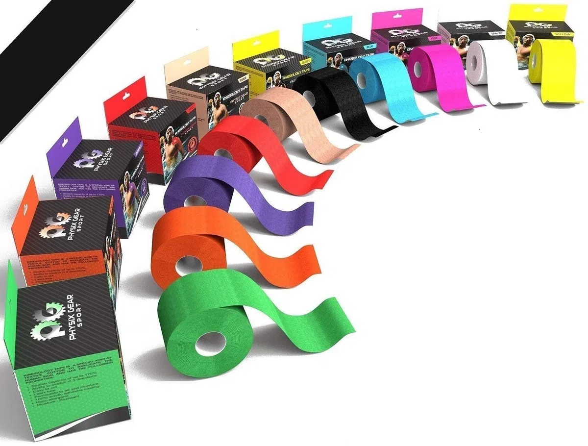 Physix Gear Sport Tape kinesiologico - Nastro K tape sportivo 5m x 5cm non tagliato - Nastro adesivo impermeabile per dolori muscolari al ginocchio, gomito, schiena, spalla - Sport Tape Con guida