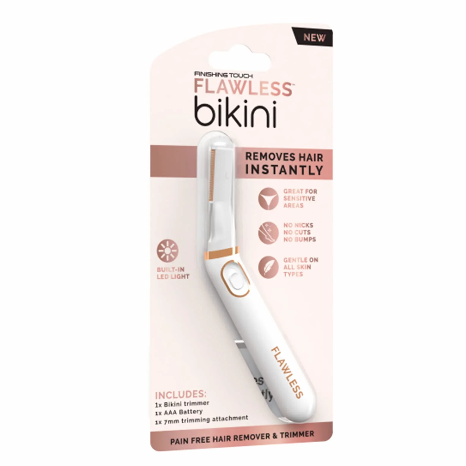 Finishing Touch Flawless Rasoio per bikini e rimozione dei capelli, rasoio per bikini e peli pubici per donne, rasoio intimo per uso a secco, depilazione indolore della linea bikini con luce LED,