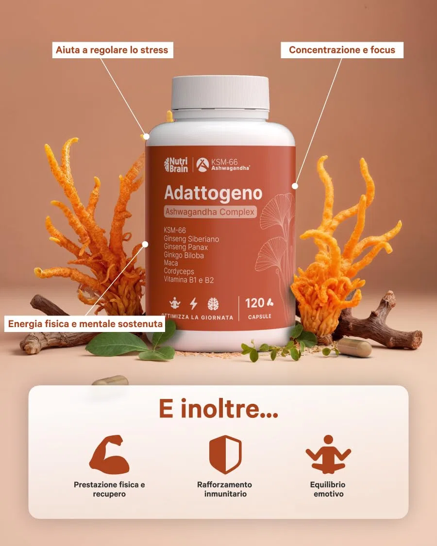 Complesso Ashwagandha KSM-66, Ginseng, Ginkgo Biloba, Maca, Cordyceps & Vitamine B1-B2 | Adattogeno, Anti-Stress, Equilibrio, Energia, Prestazioni | 120 Capsule | Vegano, Senza OGM, Senza Glutine