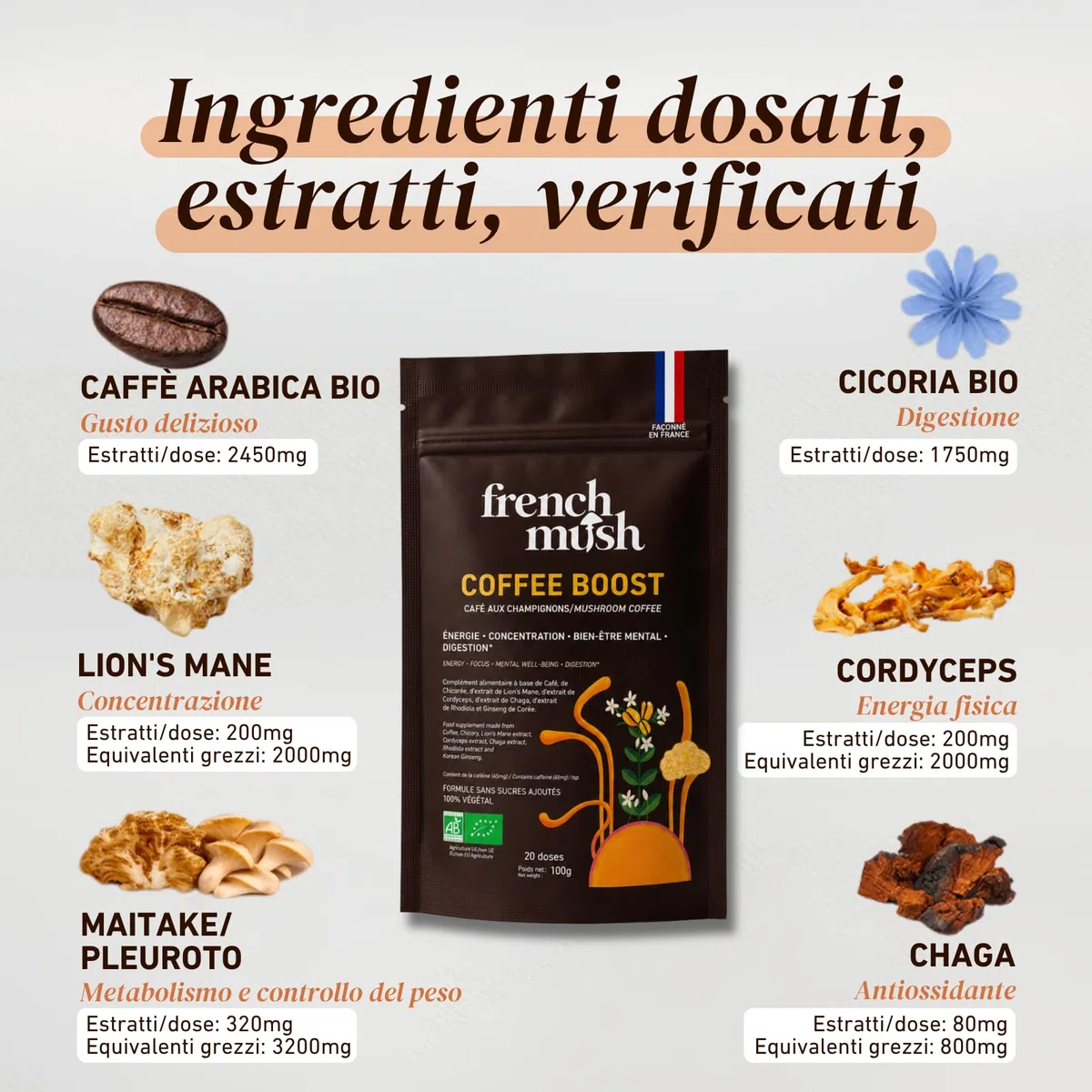 French Mush BOOST - Caffè Bio con Funghi | Caffè, Cicoria, Lion’s Mane, Chaga, Maitake & Pleurotus | Bevanda Vegetale - Senza Zuccheri Aggiunti - Prodotto in Francia - 20 Dosi