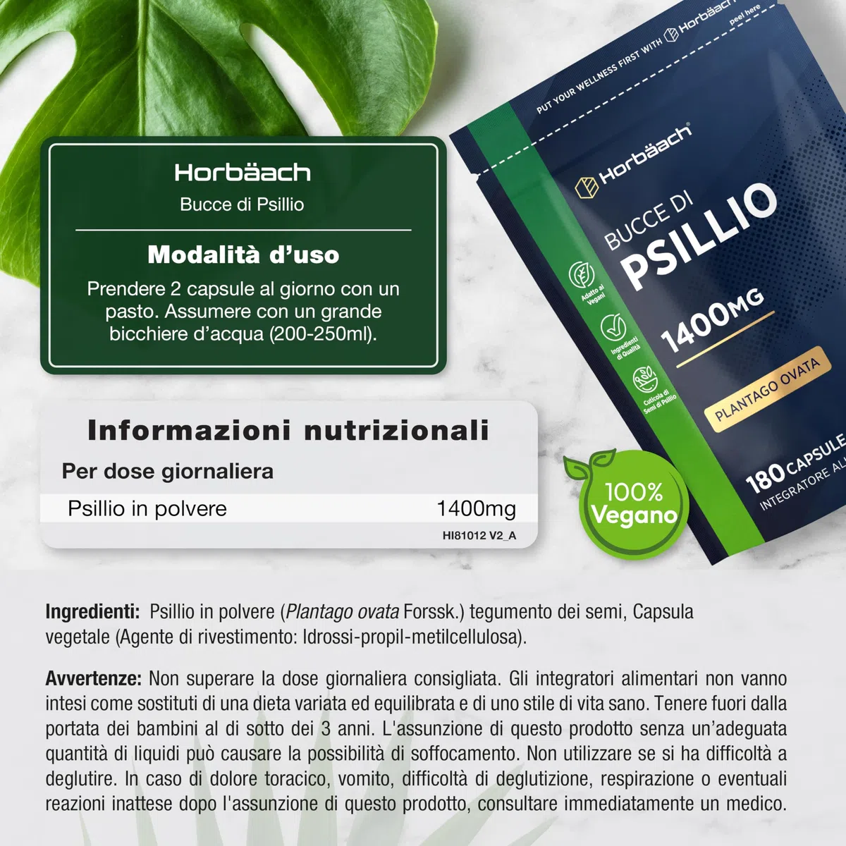Psillio Capsule | 1400 mg | Buccia di Psillio in Polvere | Alto Dosaggio | 180 Capsule Vegane per 3 Mesi | Integratore di Fibre | Prebiotico Naturale | Psyllium Husk | Horbaach