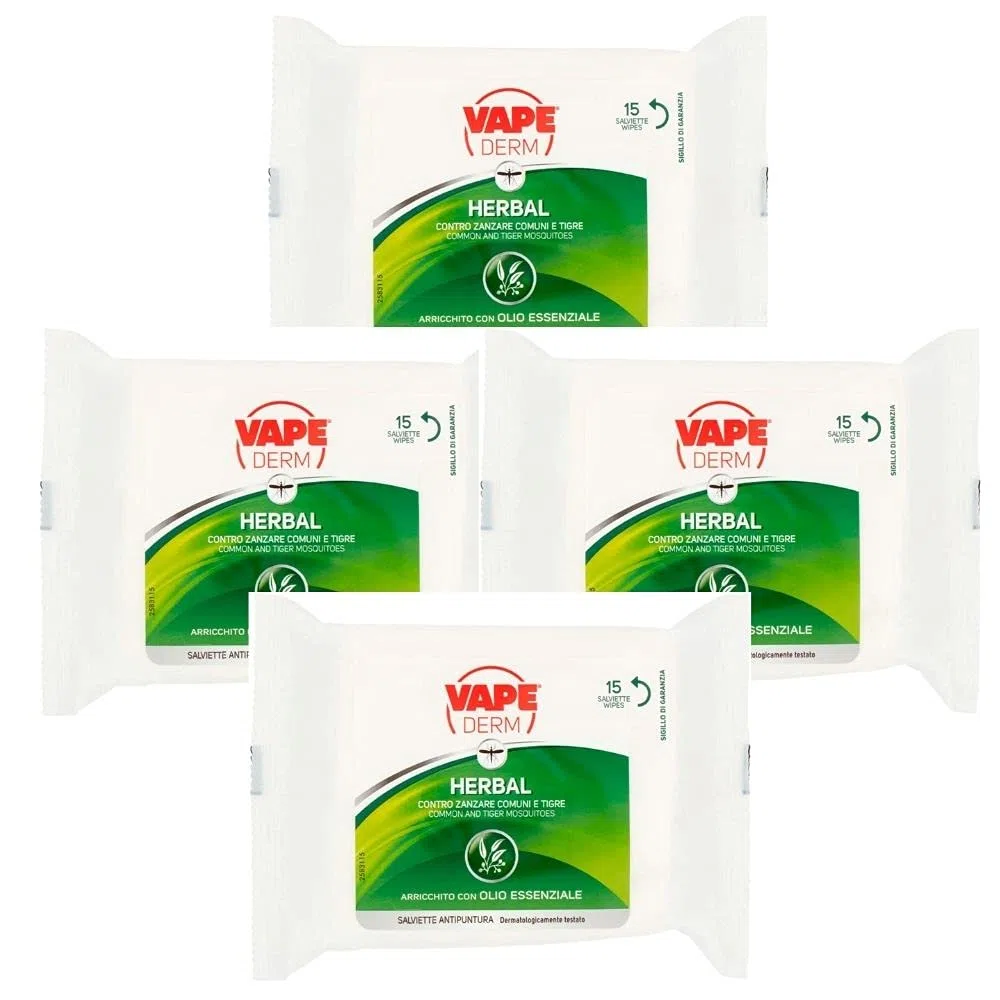 Vape Derm Herbal Antipuntare Zanzare 4 Confezioni da 15 Salviette Olio Essenziale