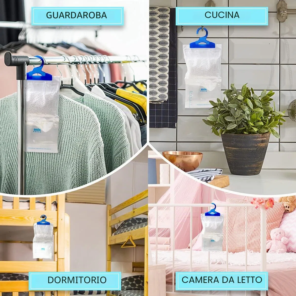 ANSIO 12 sacchetti per deumidificatori per armadio, assorbitori di umidità, condensa, deumidificatori per umidità, muffa, camera da letto, roulotte, bagno, cantina, ufficio, 210 g ciascuno
