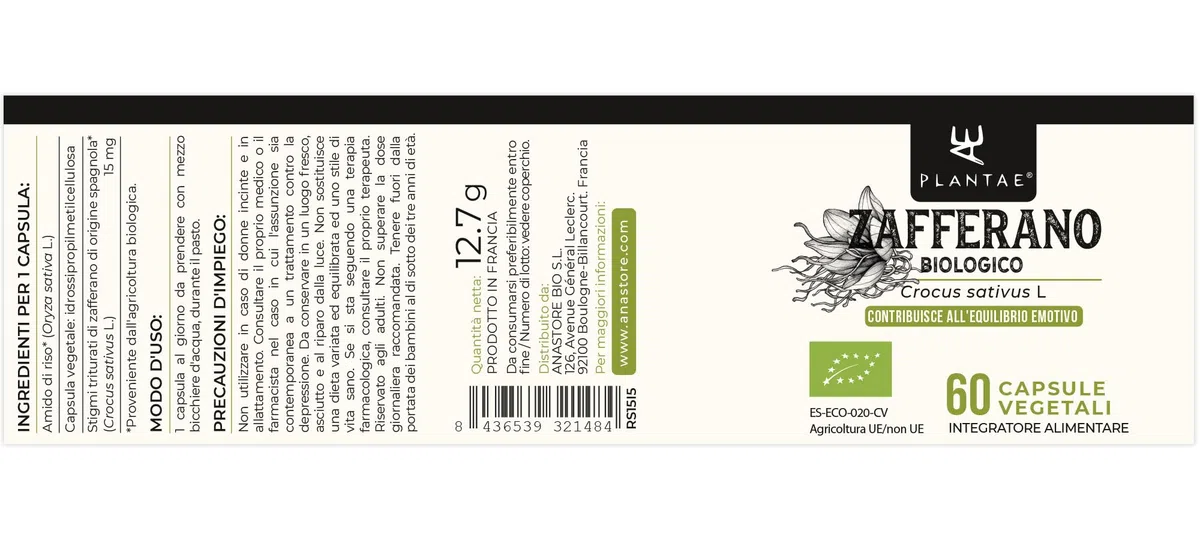 ZAFFERANO BIO * L'Oro Rosso * Della provincia di Teruel (Spagna) * Contribuisce all'equilibrio emotivo * 60capsule / 15mg*