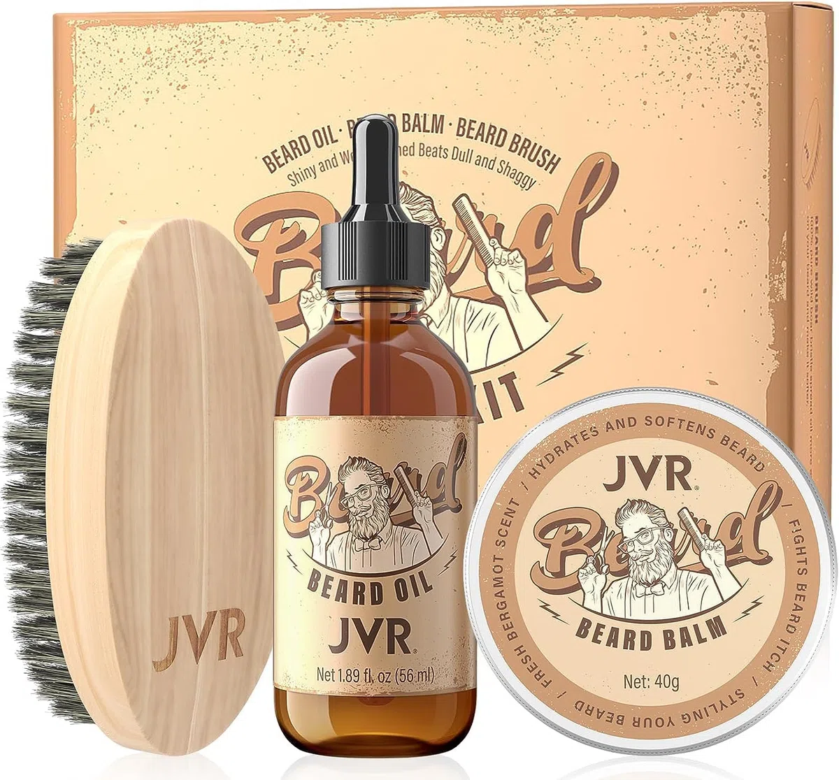 Kit Barba per Uomo, JVR Set Cura Barba, Regalo Cura della Barba Professioni con Olio, Balsamo e Spazzola, Leviga la barba, idrata e aggiunge lucentezza e styling (Giallo)