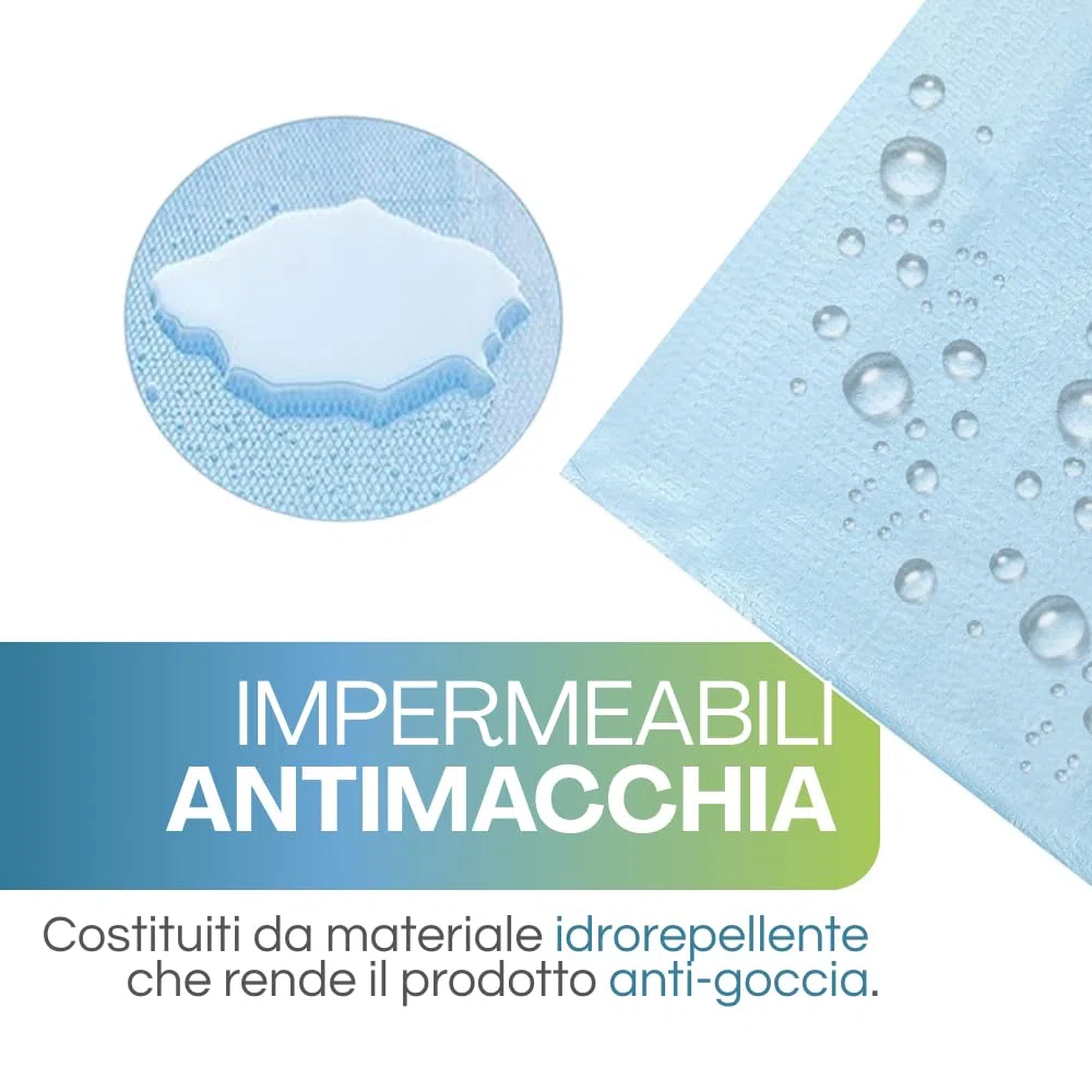 VIRSUS 300 Bavagli monouso impermeabili per Adulti e Anziani, misura 37x68 cm di colore azzurro, in polietilene e cellulosa con colletto anti-strappo rinforzato e tasca raccogli cibo