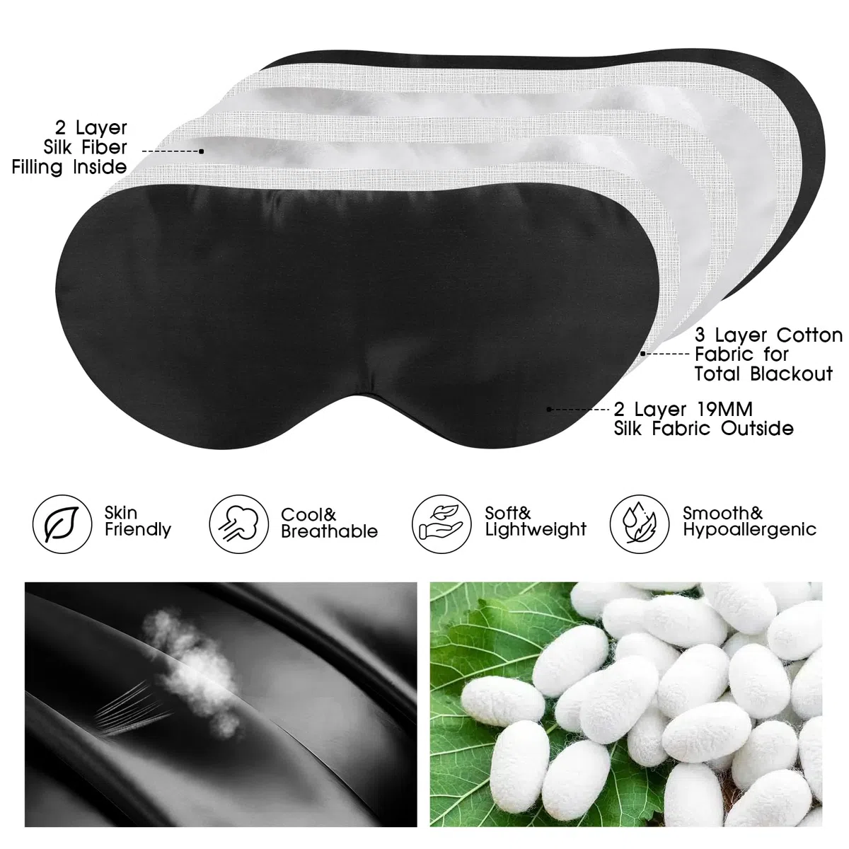 Mascherina Occhi Notte Sonno Per Dormire in Seta di Gelso al 100% 19MM con Fascia Regolabile Nascosta，Nero