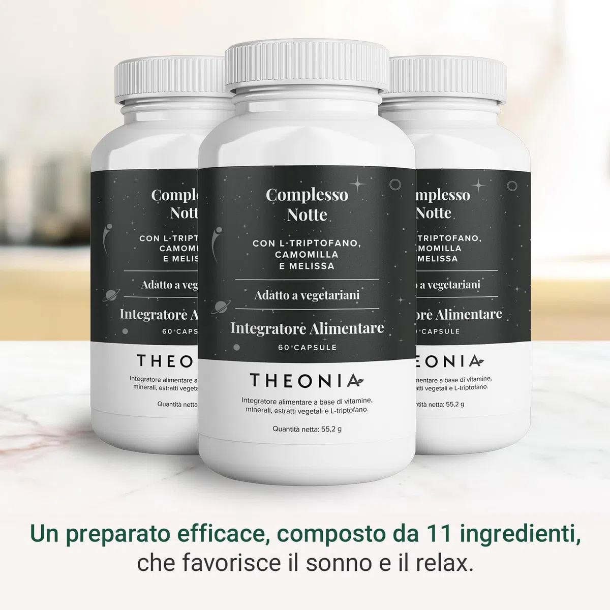 Theonia complesso notte con 100mg di L-triptofano, camomilla e melissa, integratore naturale per il sonno e il relax - 60 capsule, non OGM, vegetariano