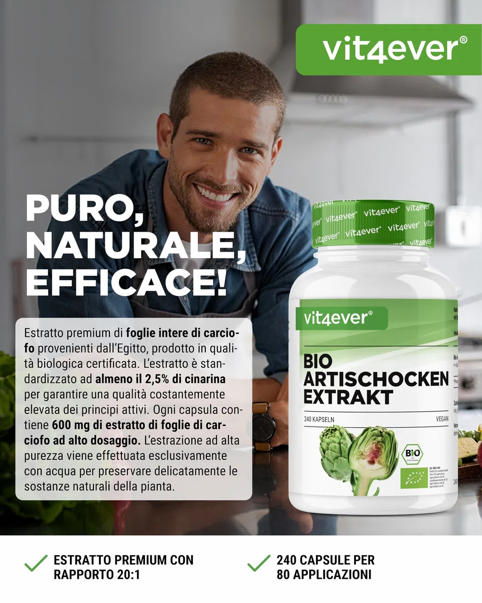 Estratto di carciofo Qualità biologica - 240 capsule - 1800 mg per dose giornaliera (2,5% cinarina) - Vero estratto 20:1 - Dose elevata - Vegan