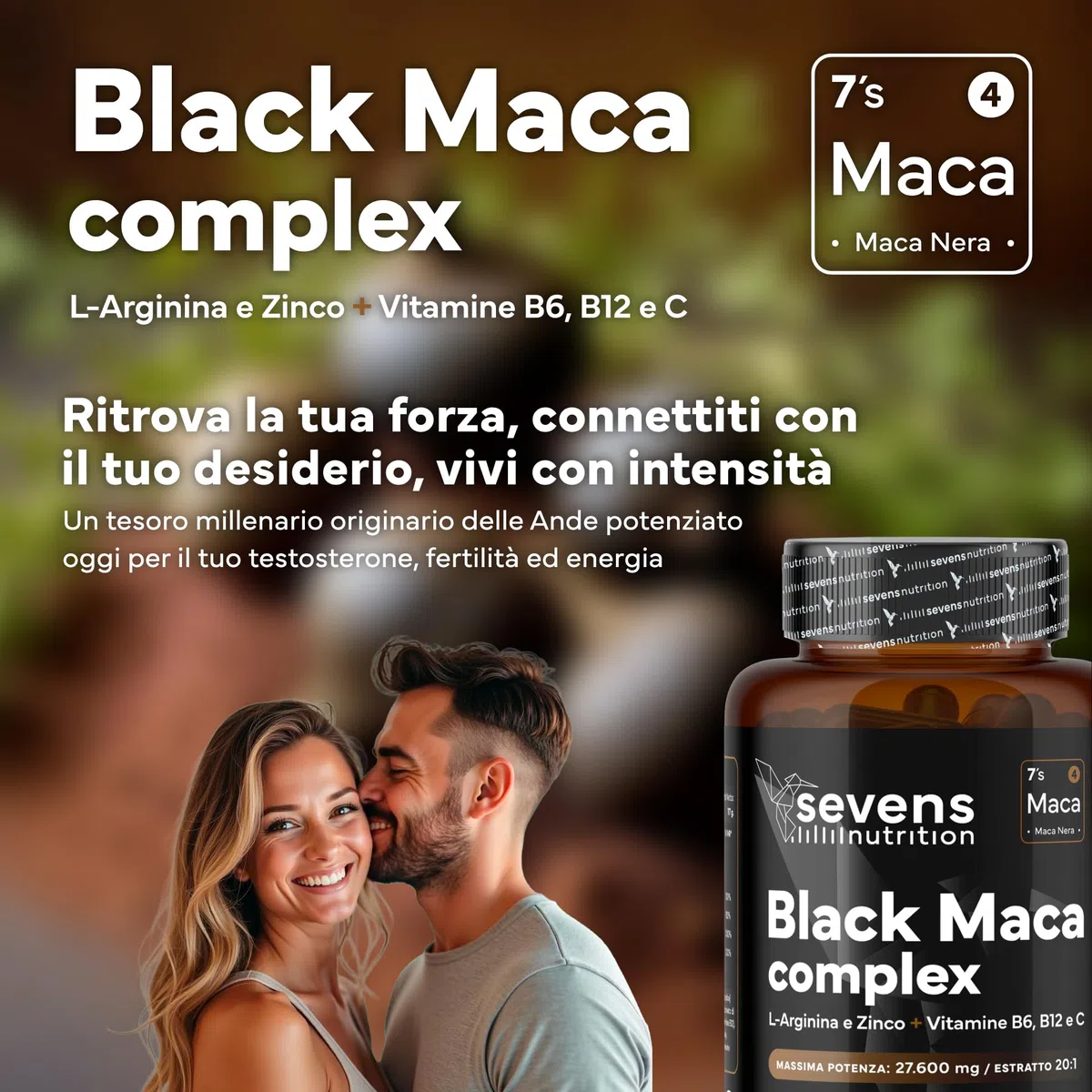 Maca Peruviana - 180 Capsule Vegane - Maca Nera Extra Forte 27 600 mg - Alto Dosaggio con L-Arginina, Zinco e Vitamine B6, B12 e C - Estratto Puro 20:1 - Aumenta l'Energia e la Vitalità - Sevens