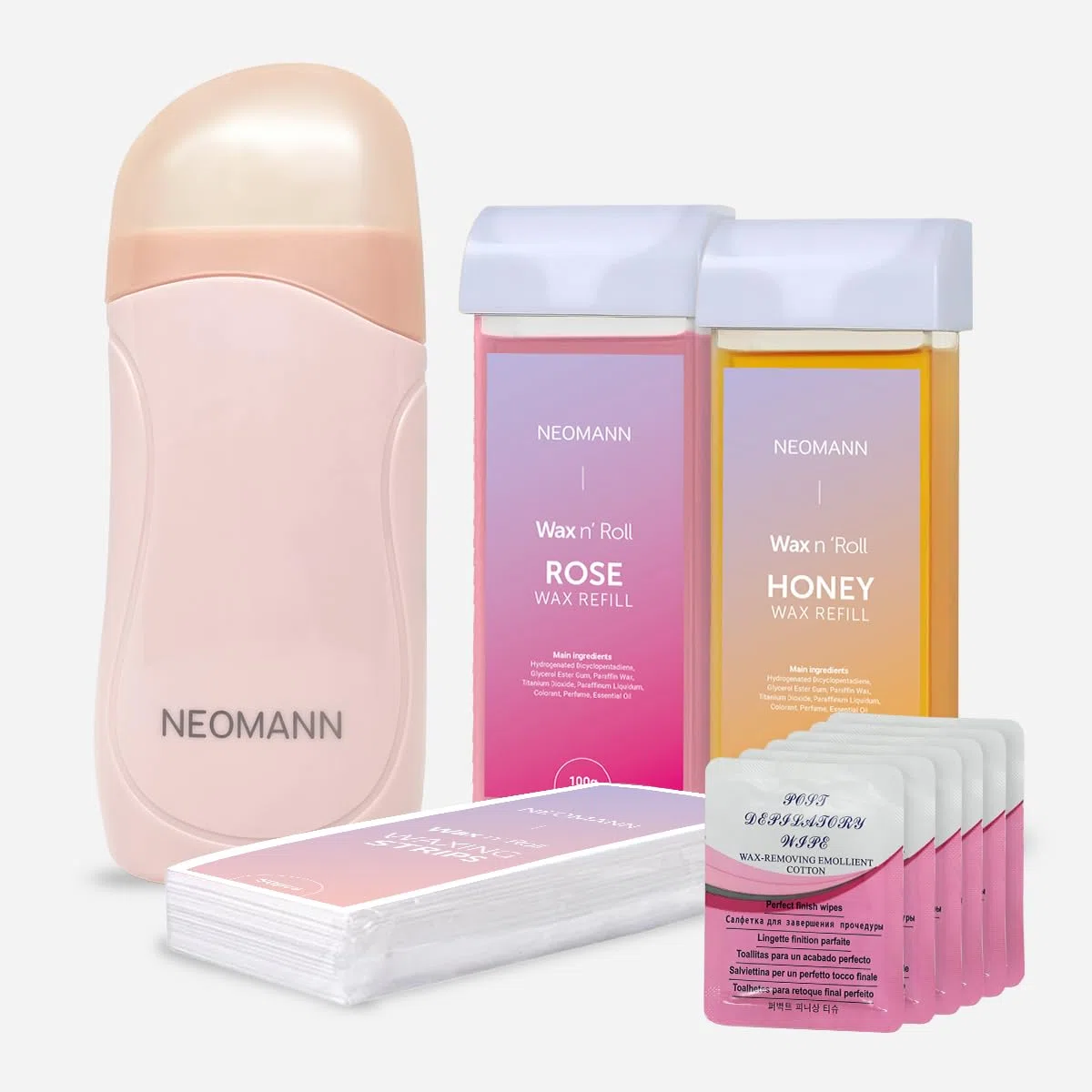 Wax n'Roll - Kit rullo per cera con 1 rosa e 1 ricarica di miele, 50 strisce, 6 salviette per la cura della pelle, scaldacera roll-on per una pelle liscia