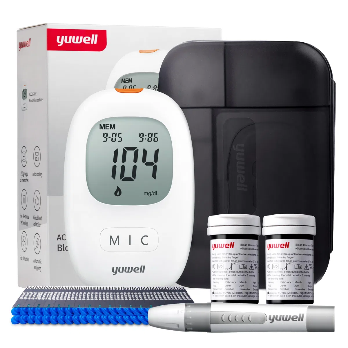 yuwell Misuratore Glicemia con strisce reattive x 50 e lancetti x 50, il Glucometro Kit Completo ideale per l'Uso Domestico, Diabete Test Kit Glucosio nel Sangue (Modello 710)