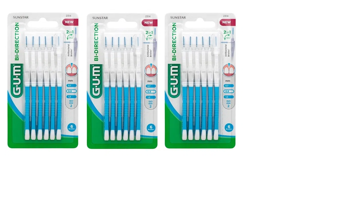 GUM BI-DIRECTION - Spazzole interdentali, 6 pezzi, azzurro, 0,9 mm, confezione da 3 (3 x 6 pezzi)