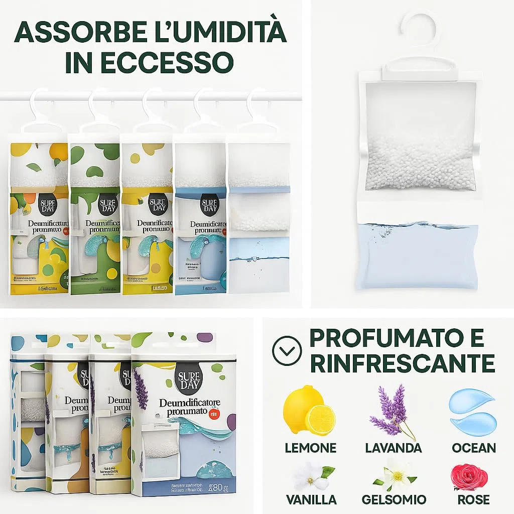 Deumidificatore Casa Profumato – Set da 12 Sacchetti Assorbi Umidità Armadio Appendibili 500ml | Antimuffa per Armadi, Cassetti, Camper Profumatori per Ambienti Chiusi – 6 Fragranze