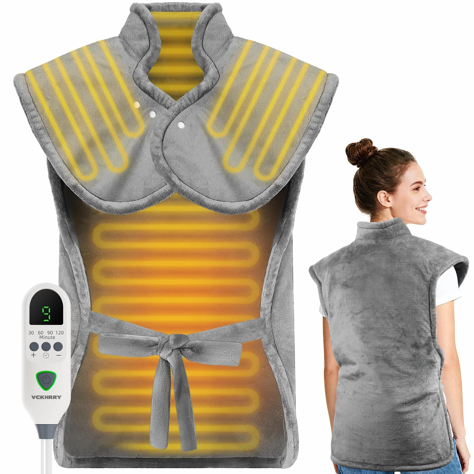 Termoforo Elettrico Cervicale e Spalle 60x100cm, 9 livelli di Riscaldamento, 4 Timer, Riscaldamento Rapido, Spegnimento Auto per Schiena Addome e Gambe, Flanella, Lavabile in Lavatrice
