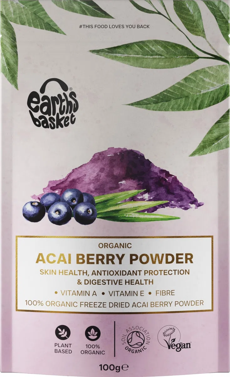 Earth's Basket, polvere di bacche di acai biologiche, precatori di Euterpe liofilizzati, 100% biologica pura e certificata, super alimento antiossidante (100 g)