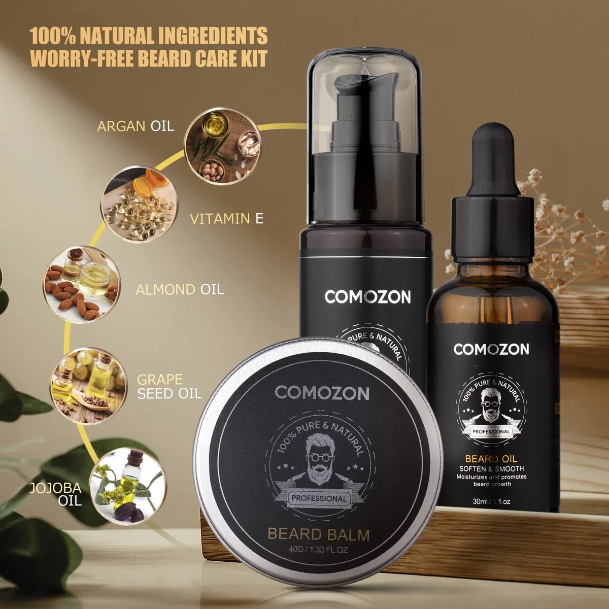 Kit Barba Uomo comozon Naturale Set Barba Uomo Regalo con Balsamo Barba, Olio Barba, Shampoo Barba, Regola Barba, Pettine Barba, Spazzola Barba