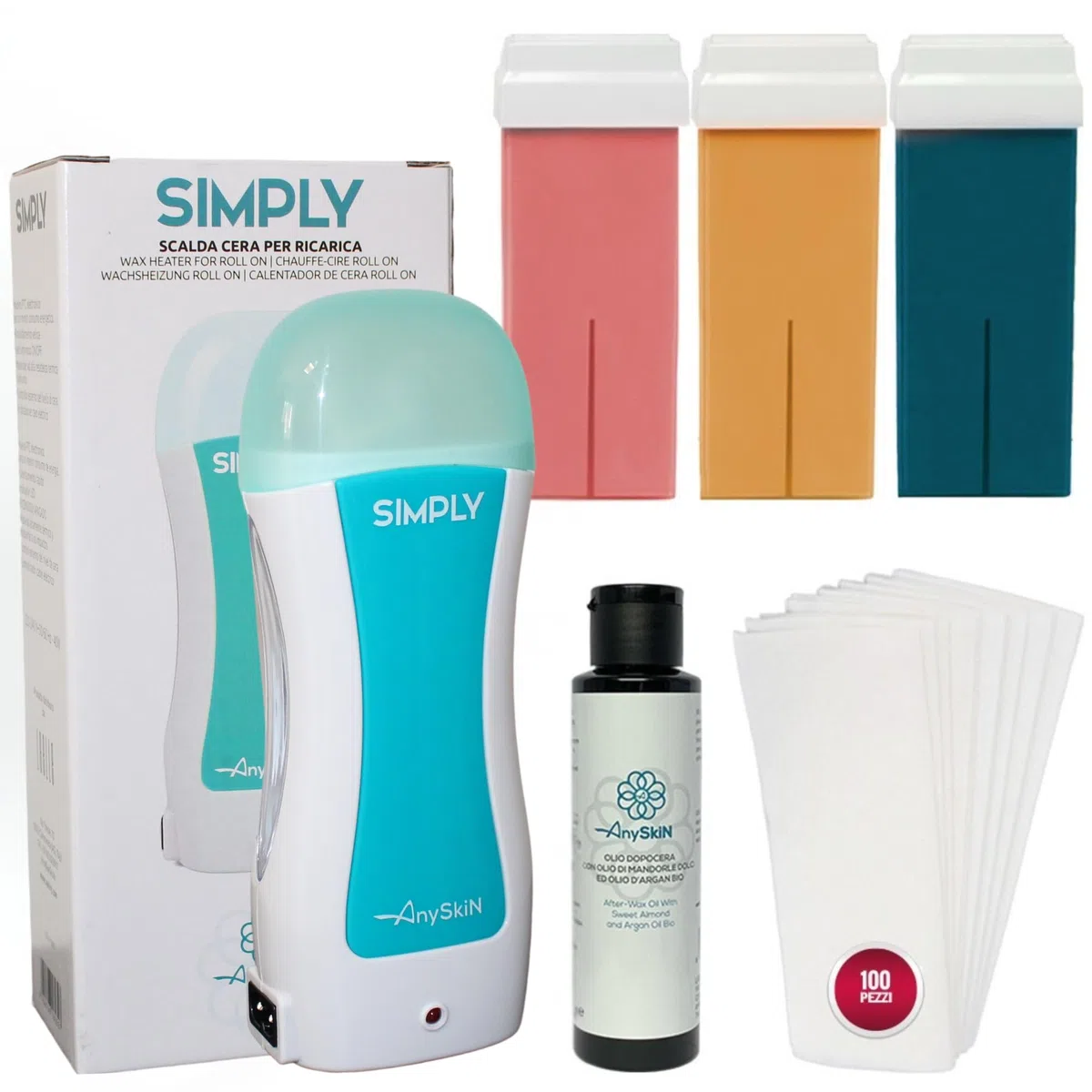 Anyskin Kit Scaldacera Rullo Professionale - Contiene 3 Ricarica Ceretta Rullo Liposolubile Aloe, Rosa e Argan + Anyskin Olio Dopocera 100ml e Strisce Depilatorie Tnt 100pz