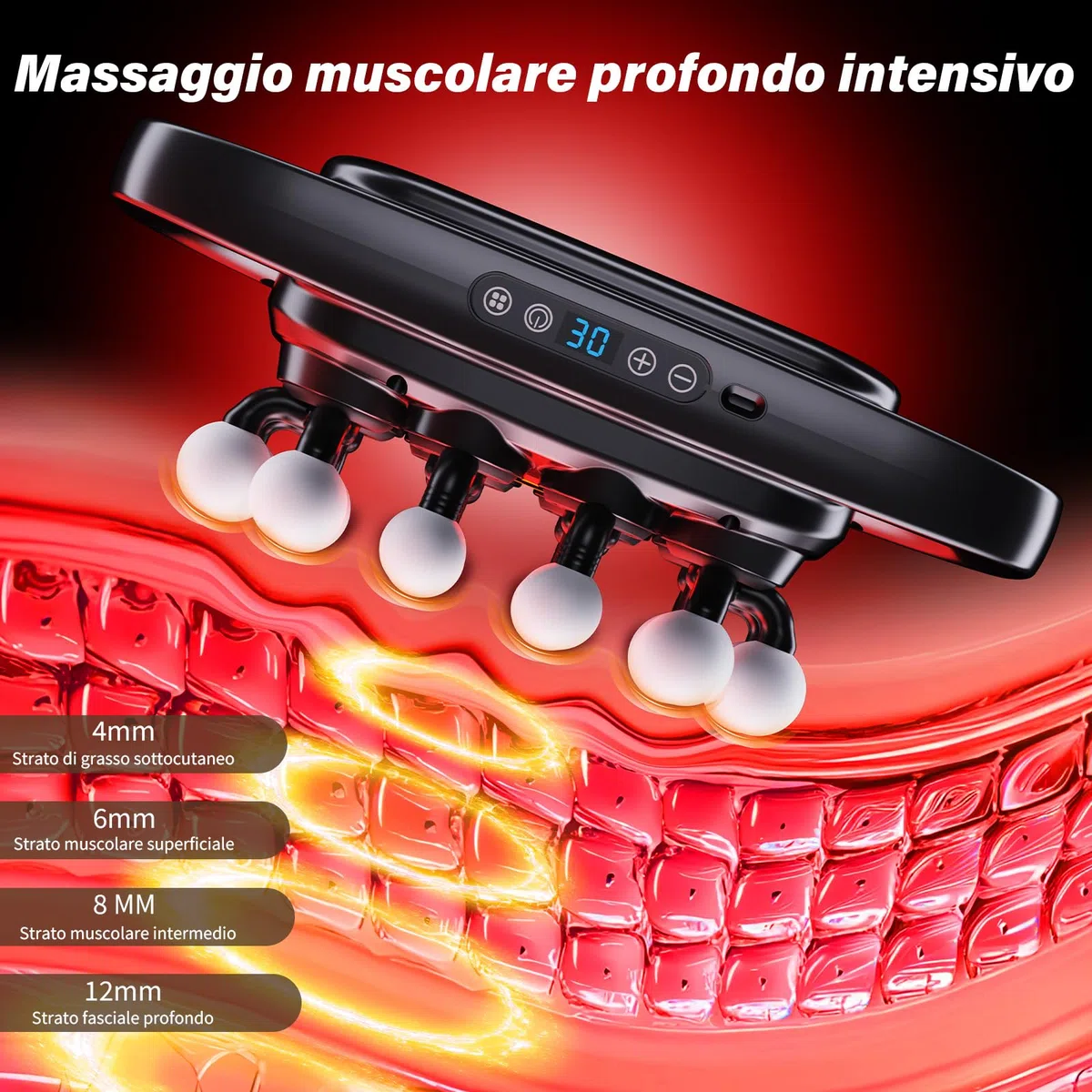 Pistola Massaggiante a 20 Teste, 3 Modalità & 30 Velocità – Massaggiatore a Percussione per Tessuti Profondi per Sport, Recupero Muscolare e Grandi Gruppi Muscolari
