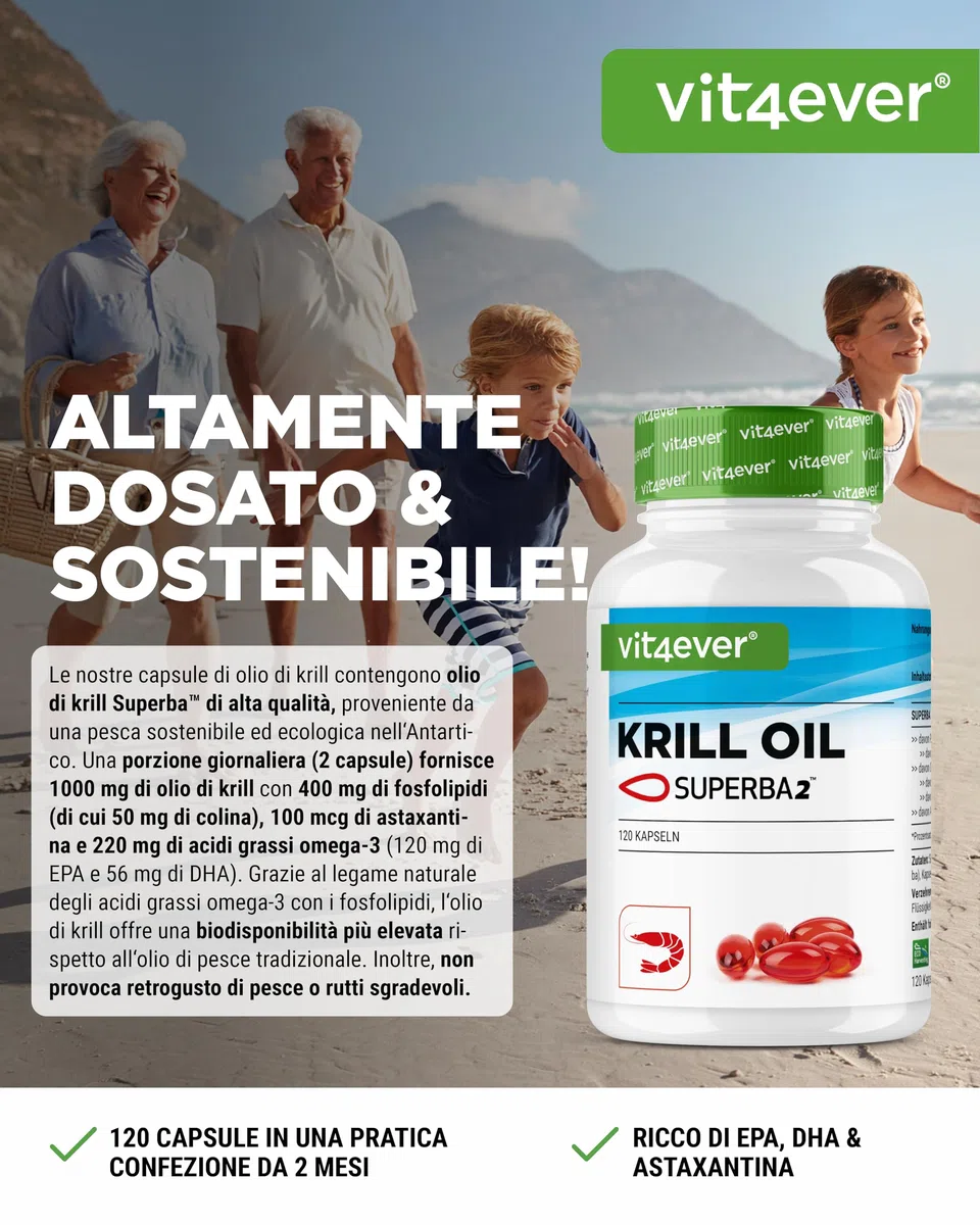 Krill Oil - 120 Capsule - Premium: Superba Antarctic Krill Oil - Ricco di EPA + DHA + Astaxantina + Fosfolipidi + Acidi grassi Omega 3 - Da coltivazione sostenibile.