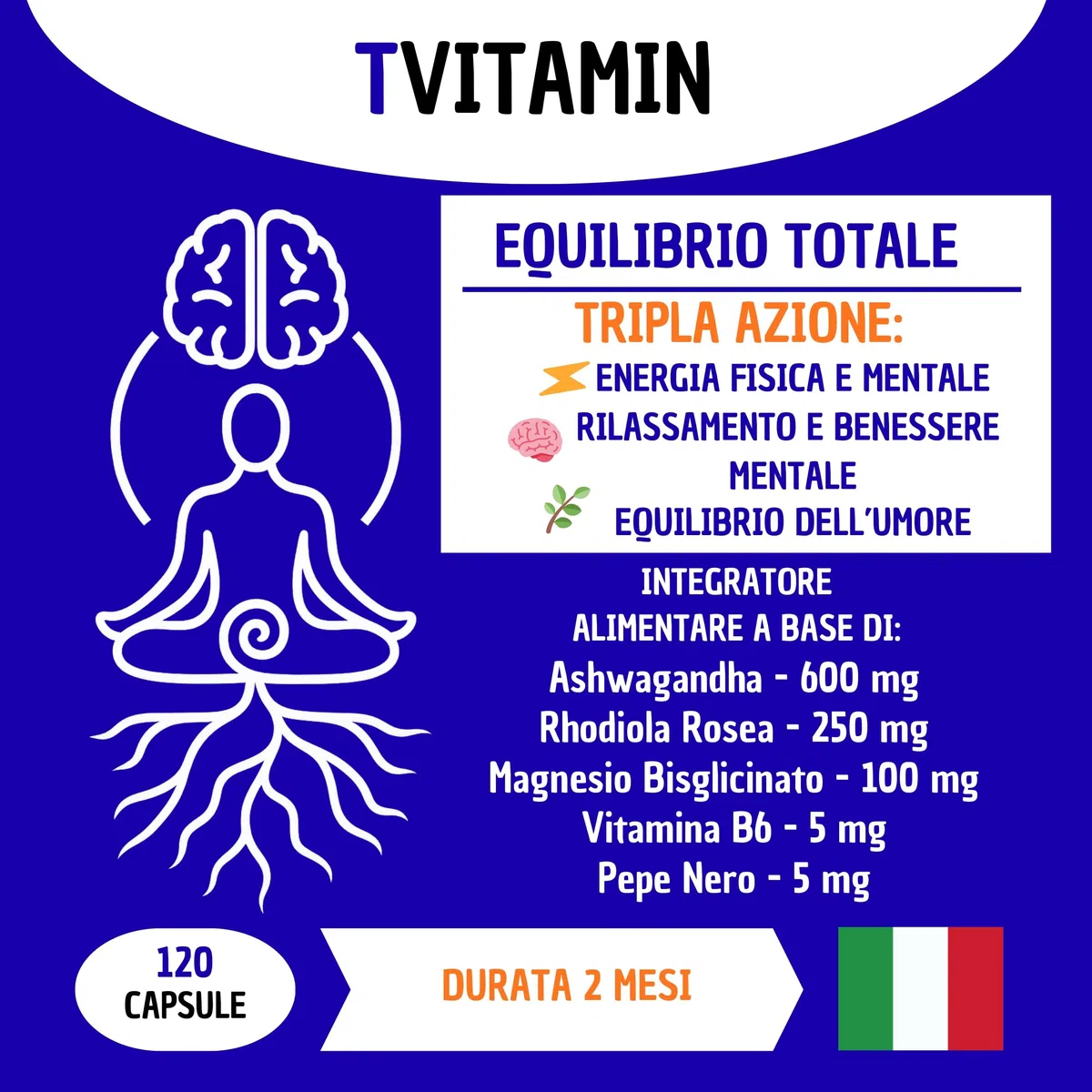 ASHWAGANDHA & RHODIOLA con Magnesio e Vitamina B6 (120 Capsule) – Tripla Azione Naturale per Vitalità, Equilibrio dell’Umore e Serenità Mentale – Made in Italy.
