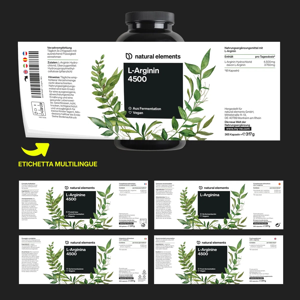 L-Arginina – 365 capsule vegane – 4500 mg di L-arginina HCL vegetale per dose giornaliera (3750 mg di L-arginina pura) – ad alto dosaggio – prodotta e testata in laboratorio in Germania
