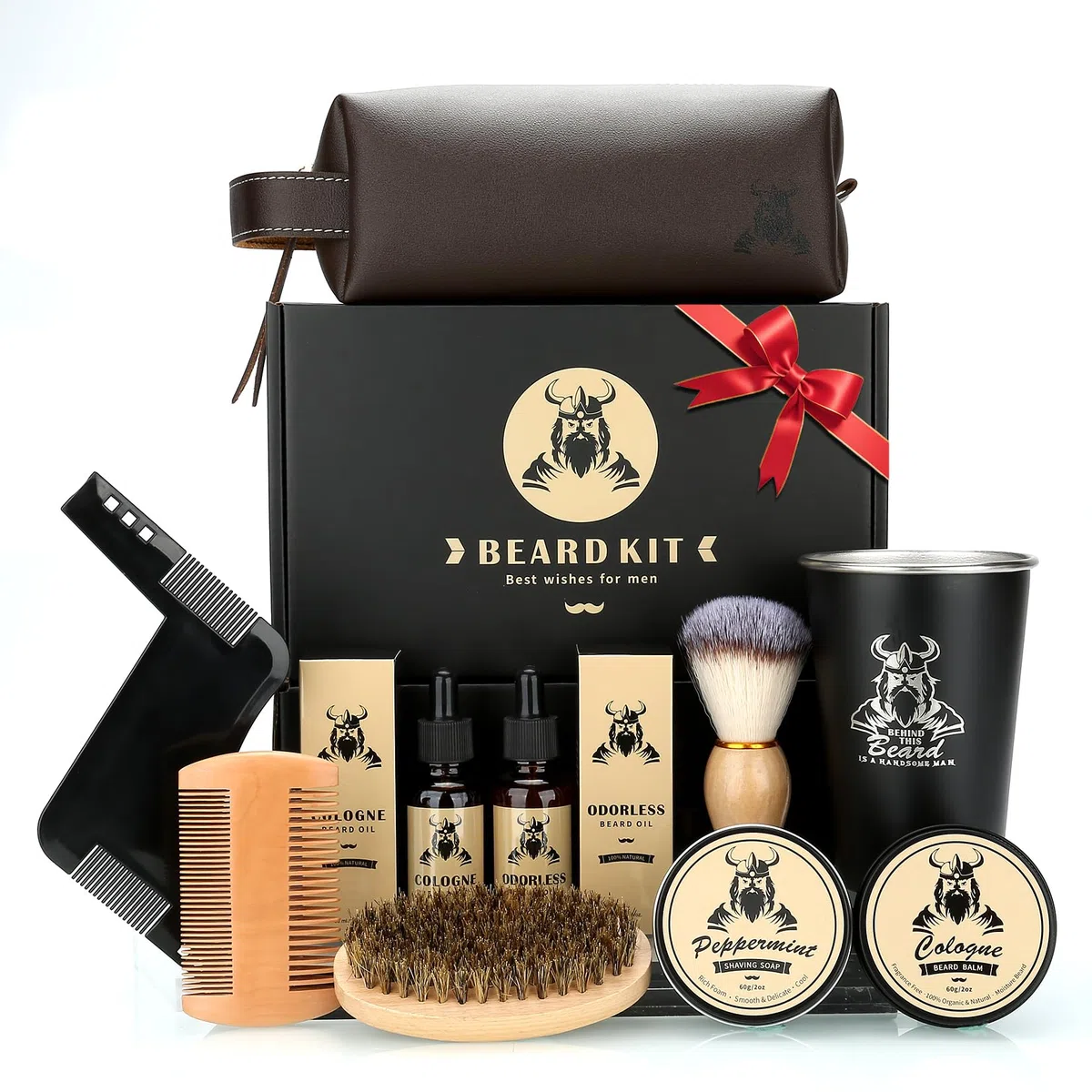 Exreizst Kit Barba per Uomo,Regalo Cura della barba Uomo Completo Professionale per Marito Papà -con2Olio per la crescita della barba, balsamo, pennello, pettine,sapone barba, tazza custodiaViaggio