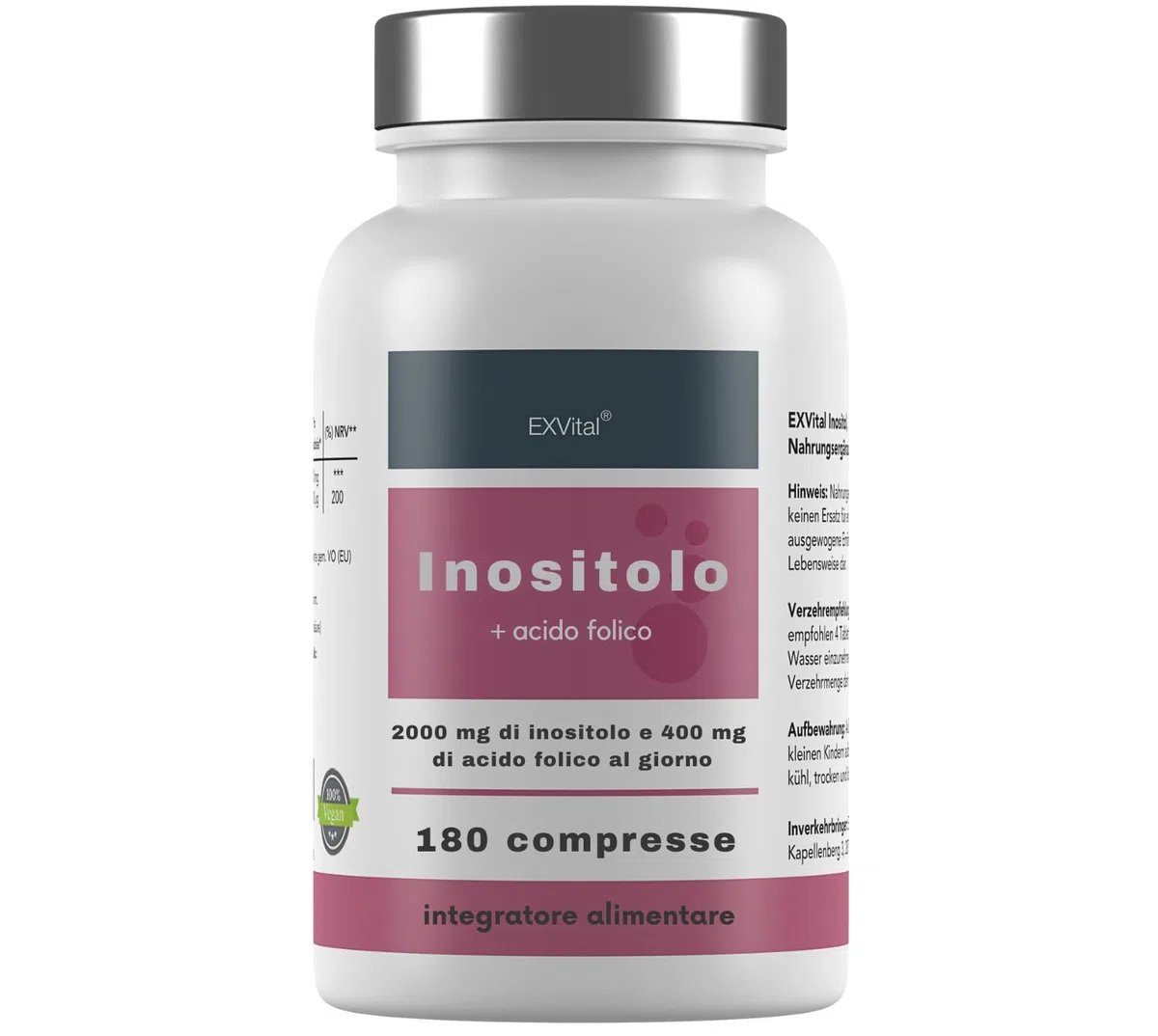 Inositolo, combinato in modo ideale con acido folico, 180 compresse, puro mio-inositolo, ad alto dosaggio: 2000 mg e 400 μg di acido folico al giorno, vegano e senza additivi!