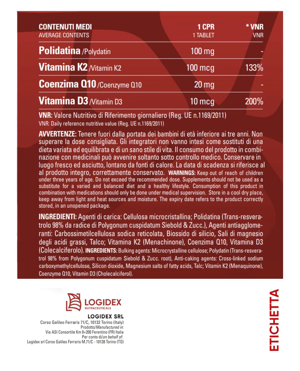 Loxicor K2 - Integratore Vitamina K con Polidatina Antiossidante (100mg), Vitamina D3 e Coenzima Q10 | Formula Avanzata per Cuore e Circolazione | 30 Compresse - Logidex